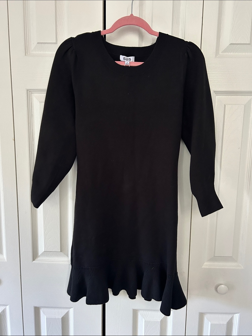 525 America Black Long Sleeve Ruffle Hem Sweater Dress